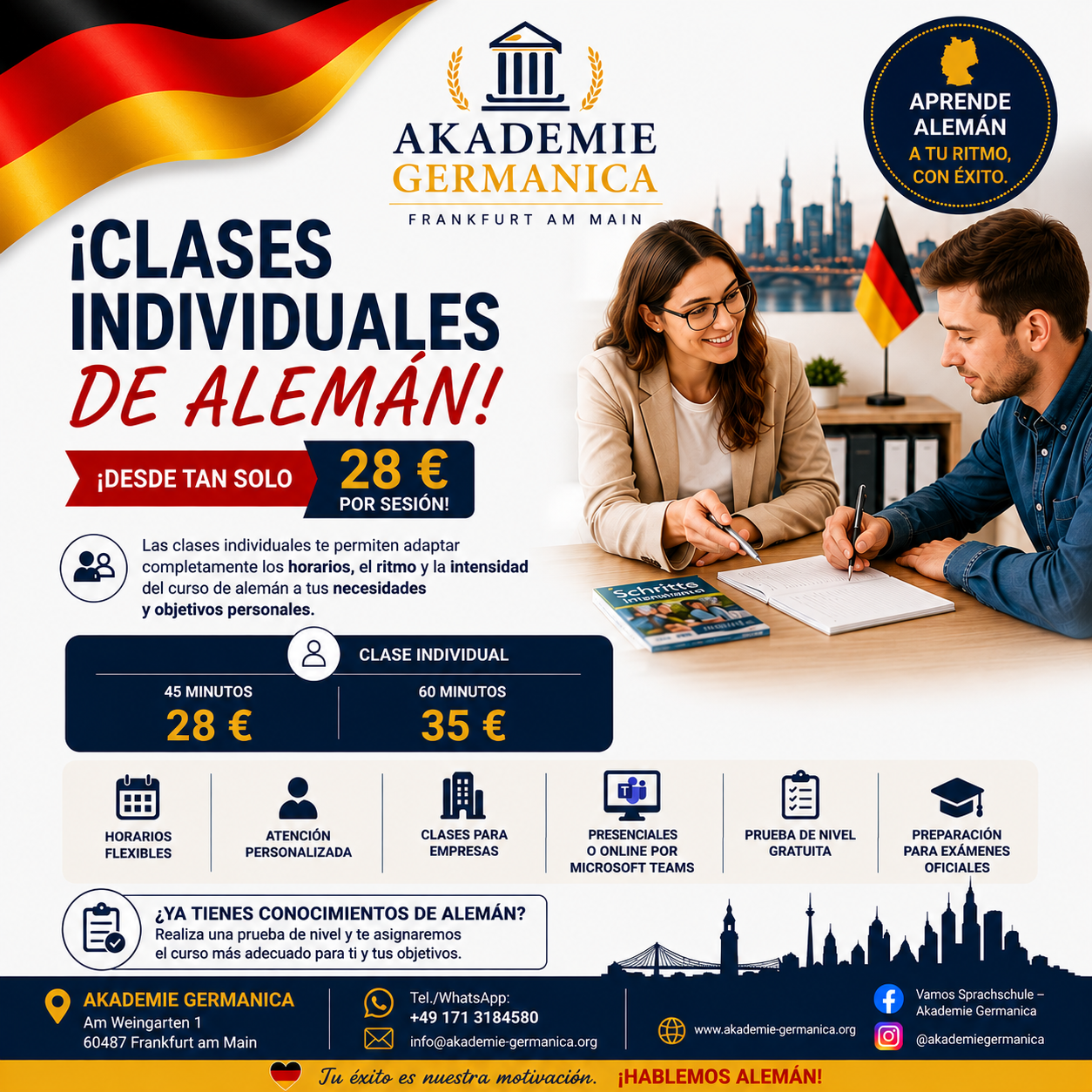 Clases individuales de alemán: 45 minutos por 28 euros o 60 minutos por 35 euros