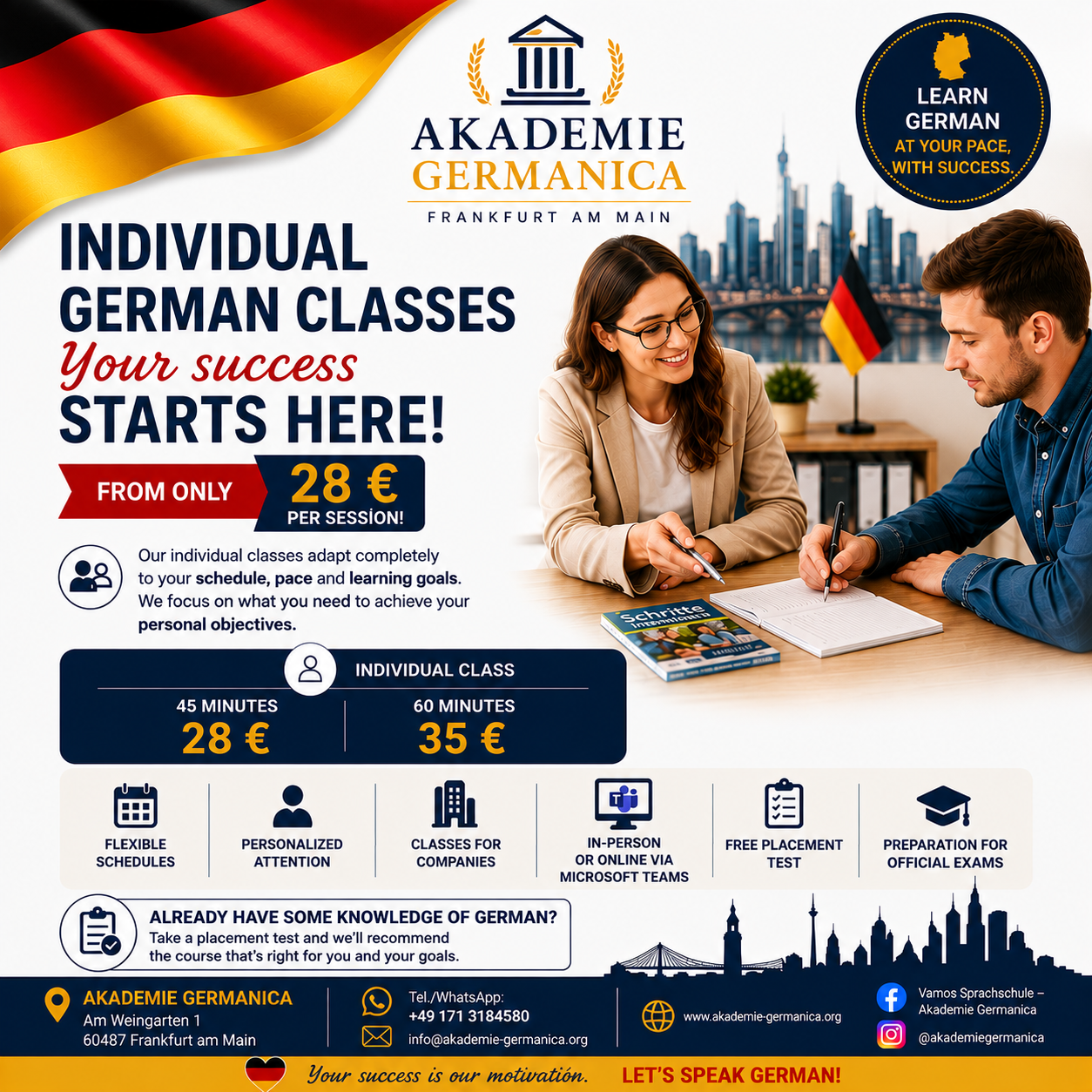 Individual German lessons: 45 minutes for €28 or 60 minutes for €35